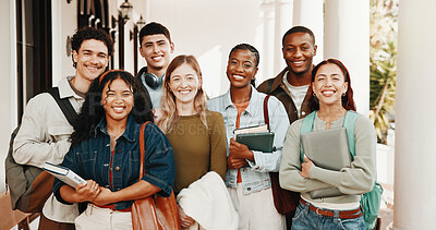 Buy stock photo Portrait, people and students at campus with smile, study group and scholarship for education. Happy, friends and classmate outdoor with textbook, recess period and knowledge for learning at college