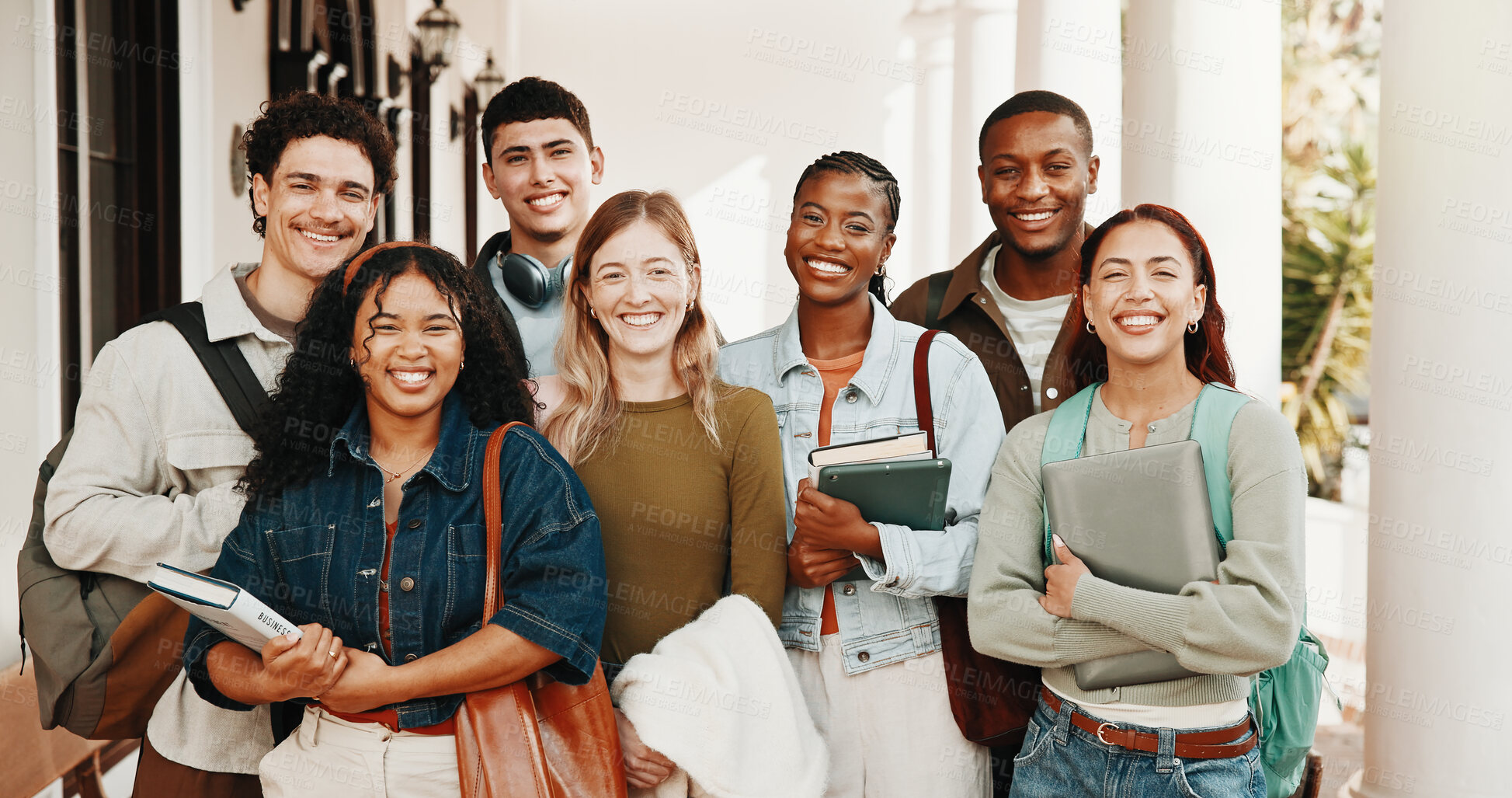 Buy stock photo Portrait, people and students at campus with smile, study group and scholarship for education. Happy, friends and classmate outdoor with textbook, recess period and knowledge for learning at college
