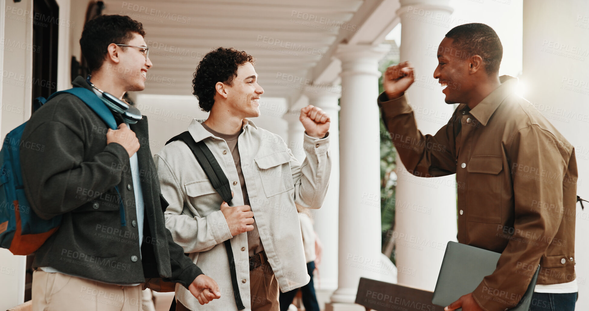 Buy stock photo College, friends or happy outdoor with fist pump, exam results or academic goals in study group. Support, men or celebration on university campus for test pass, semester success and collective effort