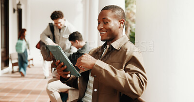 Buy stock photo Happy, student and man at college with tablet, check registration status and online schedule on app. Space, person and browse outdoor on campus with tech, website and enrollment on university portal.