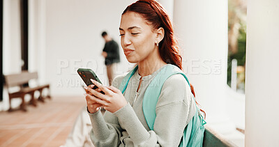 Buy stock photo Student, woman and online at university with phone, education and search for scholarship on website. Person, typing and outdoor on campus with tech, mobile app or browsing internet for college grant.