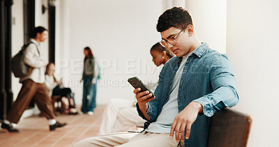 Buy stock photo Student, man and online at college with phone, higher education or search for scholarship on website. Person, typing and outdoor on campus with tech, glasses or browse internet for university grant.