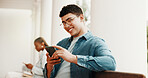 Happy, student and man at college with phone, social media and check registration status on website. Person, smile and browsing on campus with tech, app and online enrollment on university portal.