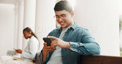 Buy stock photo Student, man and smile at college with phone, higher education and search for scholarship on website. Happy, person and outdoor on campus with tech, online and browsing internet for university grant.
