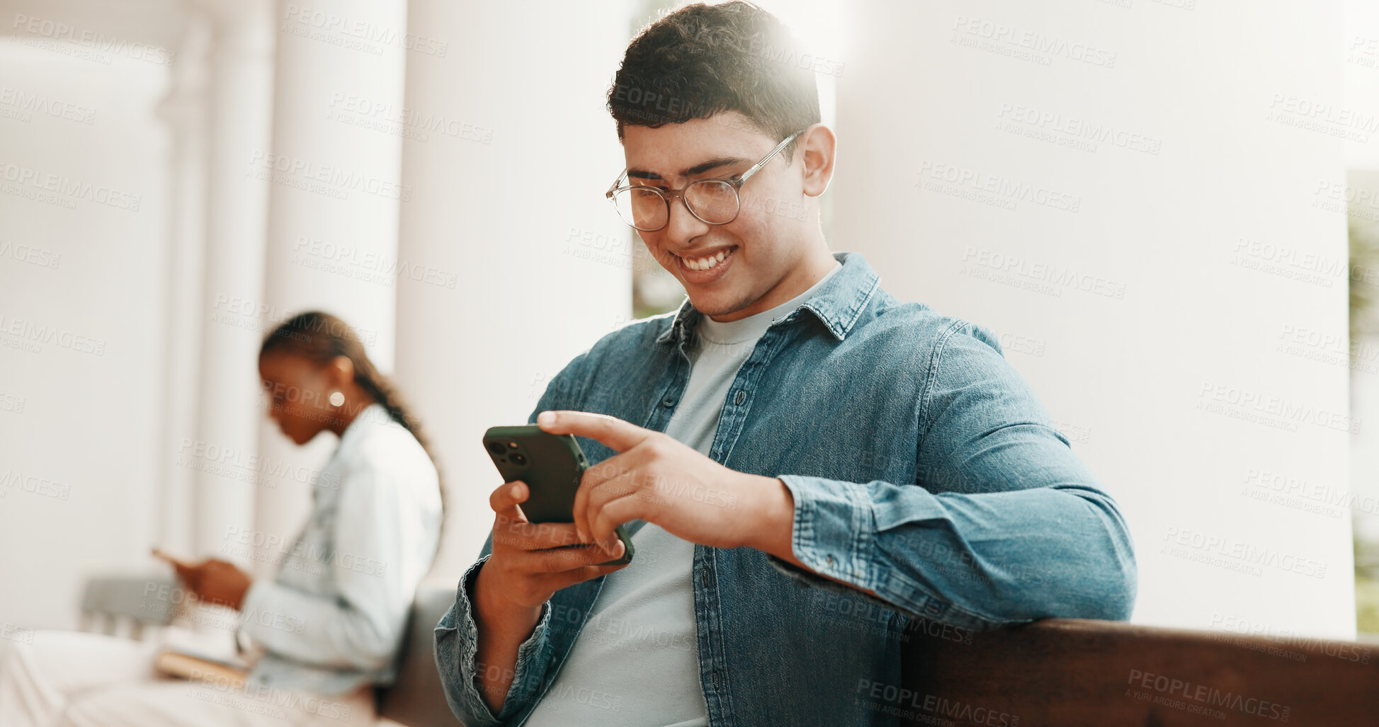 Buy stock photo Student, man and smile at college with phone, higher education and search for scholarship on website. Happy, person and outdoor on campus with tech, online and browsing internet for university grant.