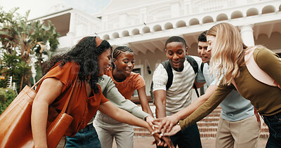 Buy stock photo College student, friends or smile with hand stack for exam results, academic goals or support. Pride, people or huddle on university campus for test celebration, semester success or collective effort