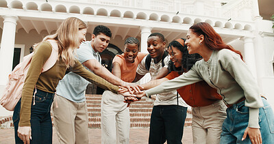 Buy stock photo University, friends or happy with hand stack for exam results, academic goals or support outdoor. Pride, people or huddle on college campus for test celebration, semester success or collective effort