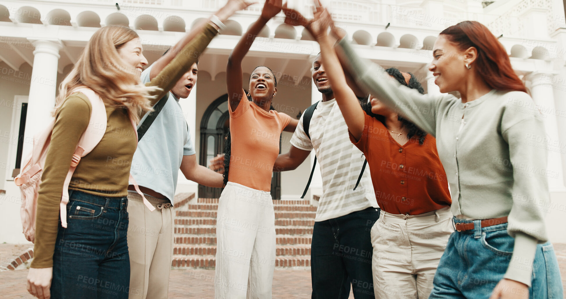 Buy stock photo College student, friends or happy with hand stack for exam results, academic goals or support. Pride, people or huddle on university campus for test celebration, semester success or collective effort