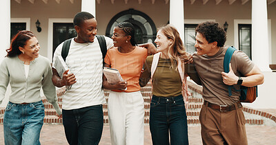 Buy stock photo People, students and walking at campus with smile, discussion and study session for education. Happy, friends and laugh outdoor with books, free period and social interaction for learning at college