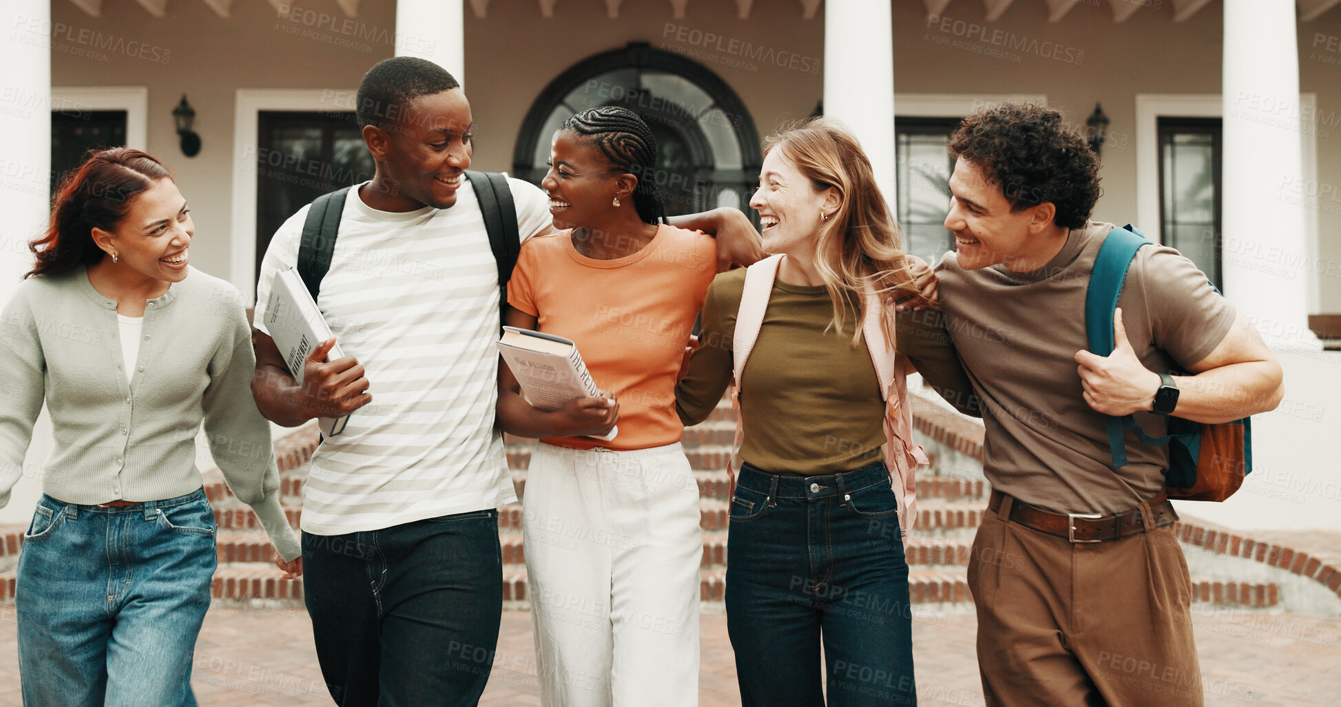 Buy stock photo People, students and walking at campus with smile, discussion and study session for education. Happy, friends and laugh outdoor with books, free period and social interaction for learning at college