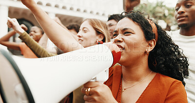 Buy stock photo Woman, students and megaphone for protest, rally or gender based violence movement outdoor. Justice, equality and people on campus for GBV crisis, attention and human rights with bullhorn for voice