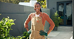 Portrait, woman and happy in backyard for gardening, plant care confidence and eco friendly hobby. Gardener, black person and smile for sustainability, weekend and ready for home garden maintenance