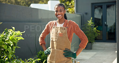 Buy stock photo Portrait, woman and happy in backyard for gardening, plant care confidence and eco friendly hobby. Gardener, black person and smile for sustainability, weekend and ready for home garden maintenance