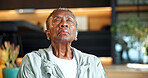 Black woman, breath and retirement in home for yoga, holistic balance or spiritual healing for zen. Senior person, exhale or yogi at house for meditation, inner peace and practice chakra for wellness
