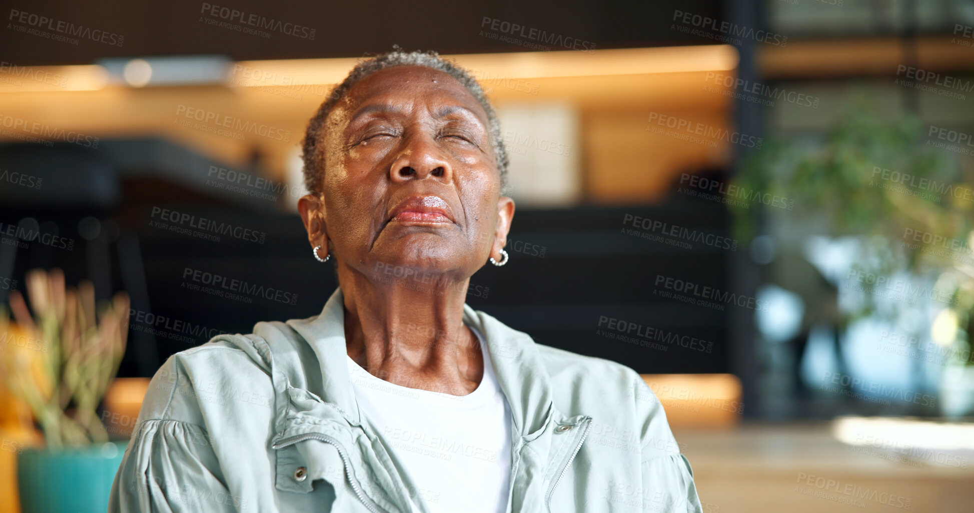 Buy stock photo Black woman, breath and relax at house for meditation, inner peace and stress relief on retirement. Senior person, inhale and eyes closed in home for grounding, mindfulness and self care for wellness