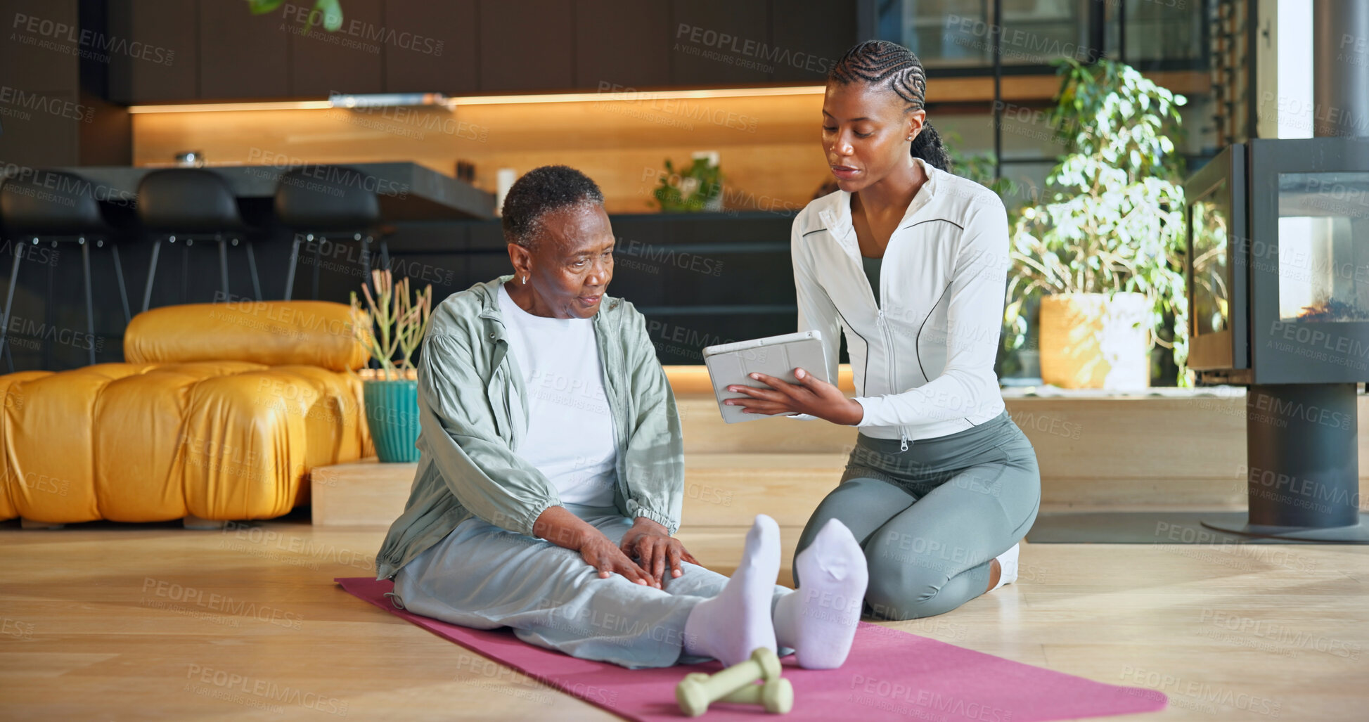 Buy stock photo Old woman, checkup and physio in home with tablet, research and health survey for rehabilitation. African people, senior person and consulting at house with digital, evaluation and treatment progress