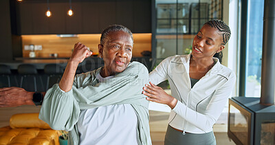 Buy stock photo Personal trainer, stretching and fitness with black women in home for help, geriatric health and support. Exercise instructor, wellness and warm up with senior person in house for low impact workout
