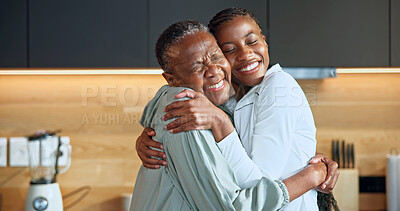 Buy stock photo Hug, women and senior mother in kitchen with care, support and trust with fitness for health. Happy elderly parent, adult daughter and black family with love, embrace and active lifestyle in home