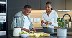 Old woman, daughter and fruit at house with smile, healthy drink and fresh produce for nutrition. Happy, black family and senior person in kitchen with blender, organic ingredients and detox beverage
