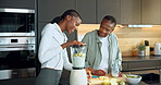 Happy, black family and fruit at house with blender, healthy drink and fresh produce for gut health. Smile, old woman and daughter in kitchen with machine, organic ingredients and beverage for detox