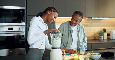 Buy stock photo Happy, black family and fruit at house with blender, healthy drink and fresh produce for gut health. Smile, old woman and daughter in kitchen with machine, organic ingredients and beverage for detox