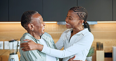 Buy stock photo Care, women and senior mother in kitchen with smile, support and trust with fitness for health. Happy elderly parent, adult daughter and black family with love, wellness and active lifestyle in home