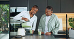 Smile, black family and glass at house with smoothie, healthy drink and green juice for gut health. Happy, old woman and daughter in kitchen with blender, organic ingredients and beverage for detox