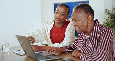 Buy stock photo Finance, senior mother or woman in home with laptop, budget review or help in pension management. Digital, black family or adult daughter with tech, income evaluation or guidance on retirement fund.
