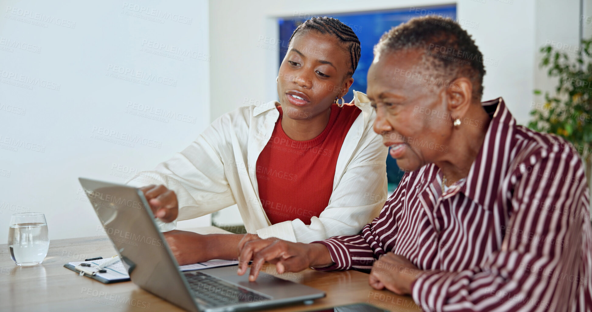 Buy stock photo Finance, senior mother or woman in home with laptop, budget review or help in pension management. Digital, black family or adult daughter with tech, income evaluation or guidance on retirement fund.