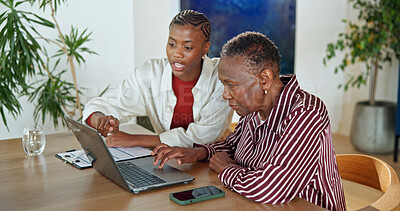 Buy stock photo Finance, help or black family in home with laptop, budget review or guidance with pension management. Digital, senior mom or adult daughter with tech, cost evaluation or assistance on retirement fund