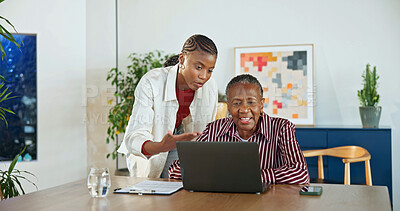Buy stock photo Laptop, senior mother and help with woman in home for insurance application, budget or pension. Computer, adult daughter and elderly parent with policy, retirement annuity and happy black family