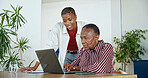 Laptop, senior mother and help with woman in home for insurance application, budget or pension. Computer, adult daughter and elderly parent with policy, retirement annuity and happy black family