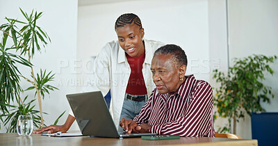 Buy stock photo Laptop, senior mother and help with woman in home for insurance application, budget or pension. Computer, adult daughter and elderly parent with policy, retirement annuity and happy black family