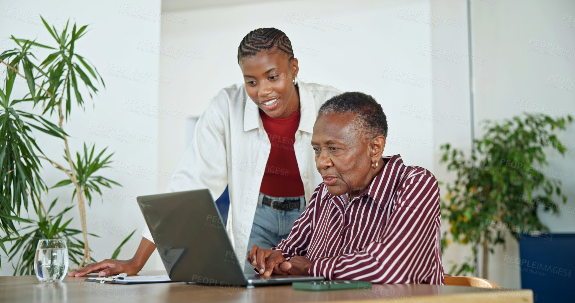 Buy stock photo Laptop, senior mother and help with woman in home for insurance application, budget or pension. Computer, adult daughter and elderly parent with policy, retirement annuity and happy black family