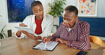 Tablet, old mother or woman with budget, financial guidance or pension management in house. Review, black family or adult daughter with clipboard, income evaluation or assistance with retirement fund