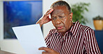 Stress, paper and old woman in home with debt pressure, mortgage worry and financial struggle. Confused black person, reading document or cost of living crisis, foreclosure or inflation in retirement