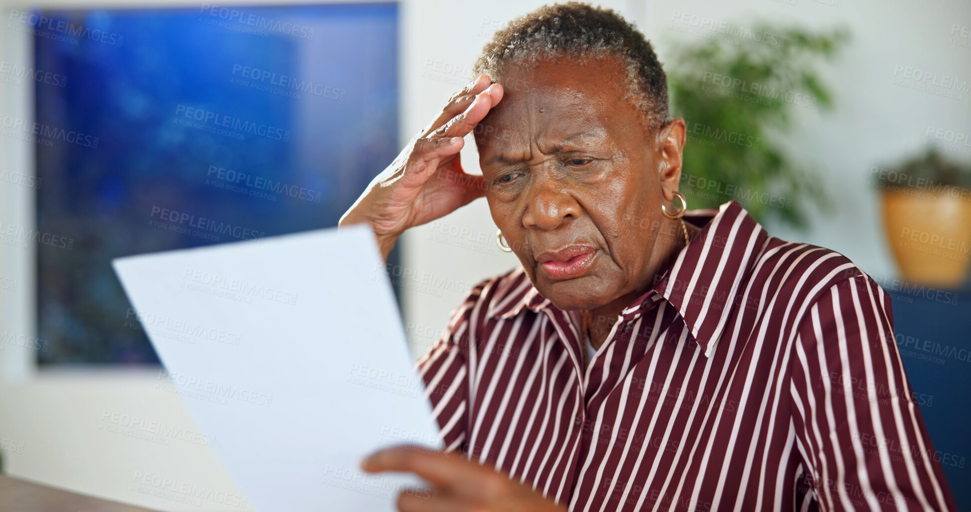 Buy stock photo Stress, paper and old woman in home with debt pressure, mortgage worry and financial struggle. Confused black person, reading document or cost of living crisis, foreclosure or inflation in retirement