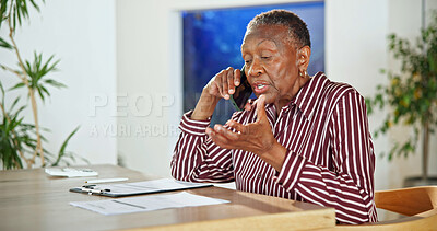 Buy stock photo Planning, phone call or senior woman with paper for insurance, policy update or review in home. Document, tech or elderly client in house with contact, application status or retirement fund feedback