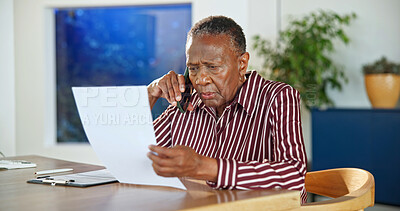 Buy stock photo Confused, phone call or senior woman with paper for insurance, policy update or mistake in home. Document, tech or elderly client in house with contact, application status or retirement fund issue