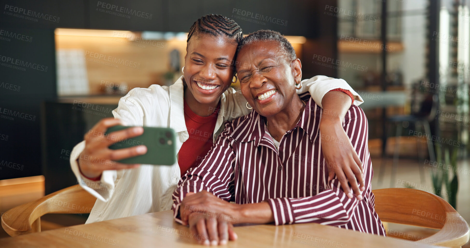 Buy stock photo Home, senior mother and selfie with woman, love and hug with happy black family for bonding together. Photo, elderly parent and adult daughter embrace for social media memory, care and support