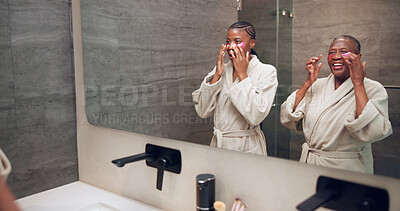 Buy stock photo Mirror, woman and senior mom for eye mask, skincare and treatment for wellness and bonding. Family, bathroom and African daughter, mother and cosmetics for skin hydration, self care or beauty in home