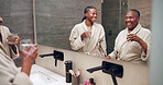 Bathroom, drinks and woman with senior mom for wellness, skincare and grooming together for bonding. Family, happy and African daughter, mother and laugh for pamper, self care and beauty in home