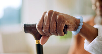 Buy stock photo Nursing home, hands and senior woman with walking stick for assistance, mobility or balance. Retirement, house and elderly person with disability, cane and support for reflection, nostalgia or memory