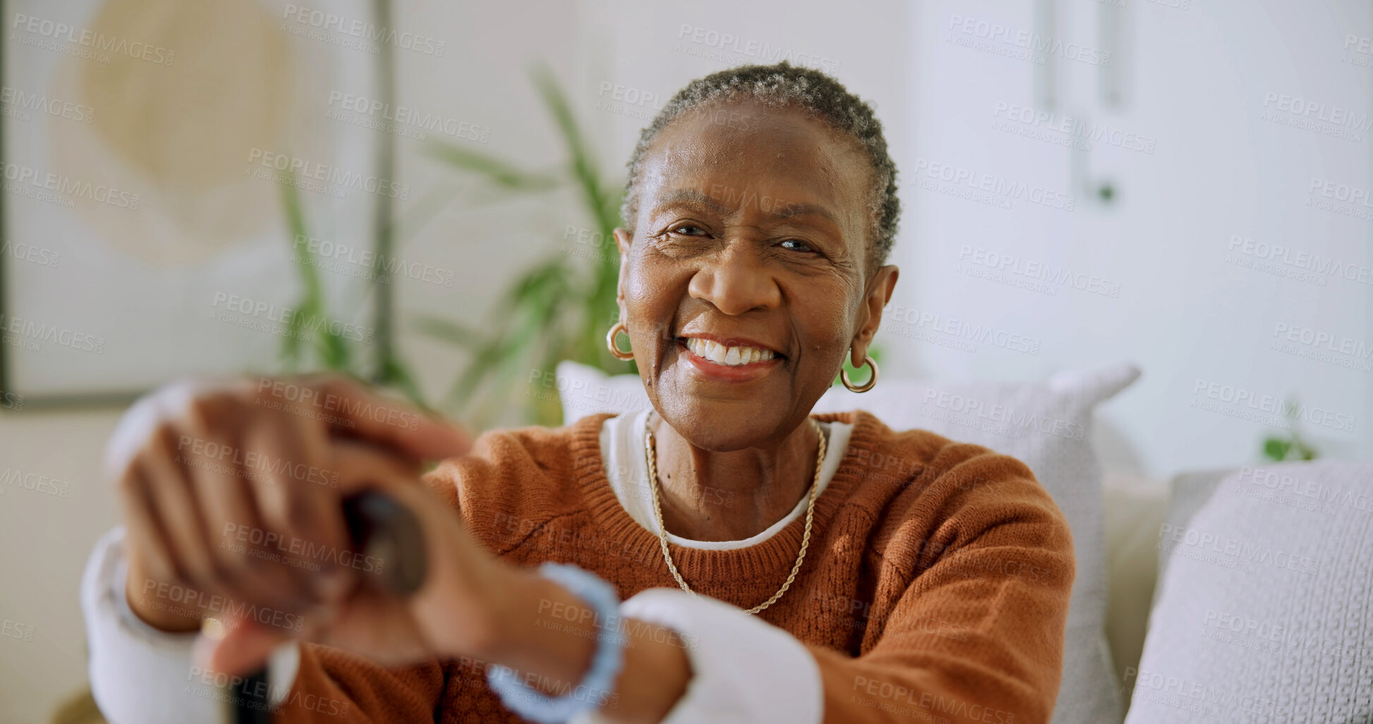 Buy stock photo Happy, walking stick and senior woman on sofa for wellness, support and balance in retirement home. Smile, portrait and elderly African person with cane for mobility, arthritis or assistance for care