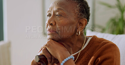 Buy stock photo Thinking, retirement and senior woman with cane in home for sad memory, thought and reflection. Pensioner, lonely and elderly African person with walking stick for nostalgia, dementia and doubt