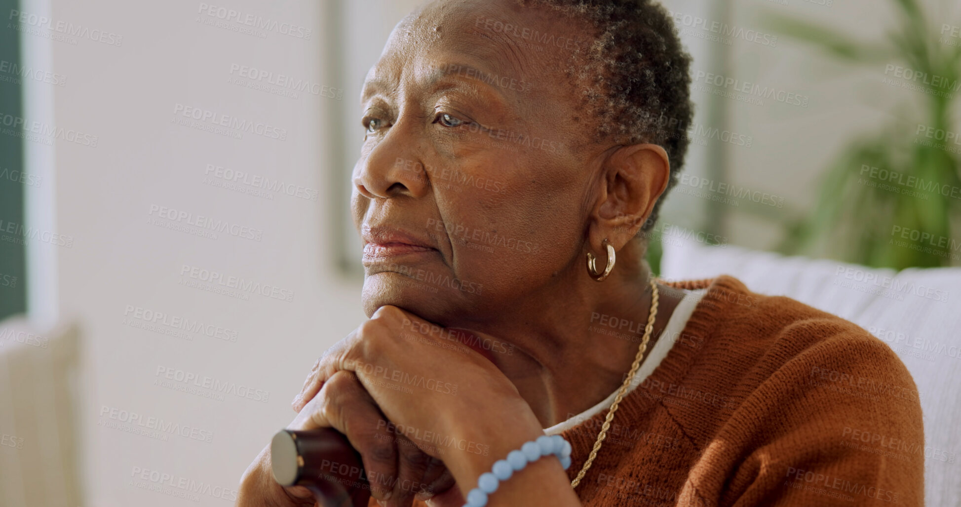Buy stock photo Thinking, retirement and senior woman with cane in home for sad memory, thought and reflection. Pensioner, lonely and elderly African person with walking stick for nostalgia, dementia and doubt
