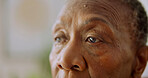Patient, thinking or old woman with eye exam for optometry assessment, optical health or appointment. Space, senior person and vision test in medical clinic for glaucoma, eyesight checkup or wellness