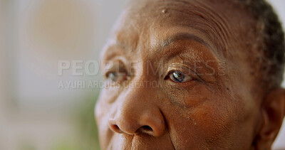 Buy stock photo Patient, thinking or old woman with eye exam for optometry assessment, optical health or appointment. Space, senior person and vision test in medical clinic for glaucoma, eyesight checkup or wellness