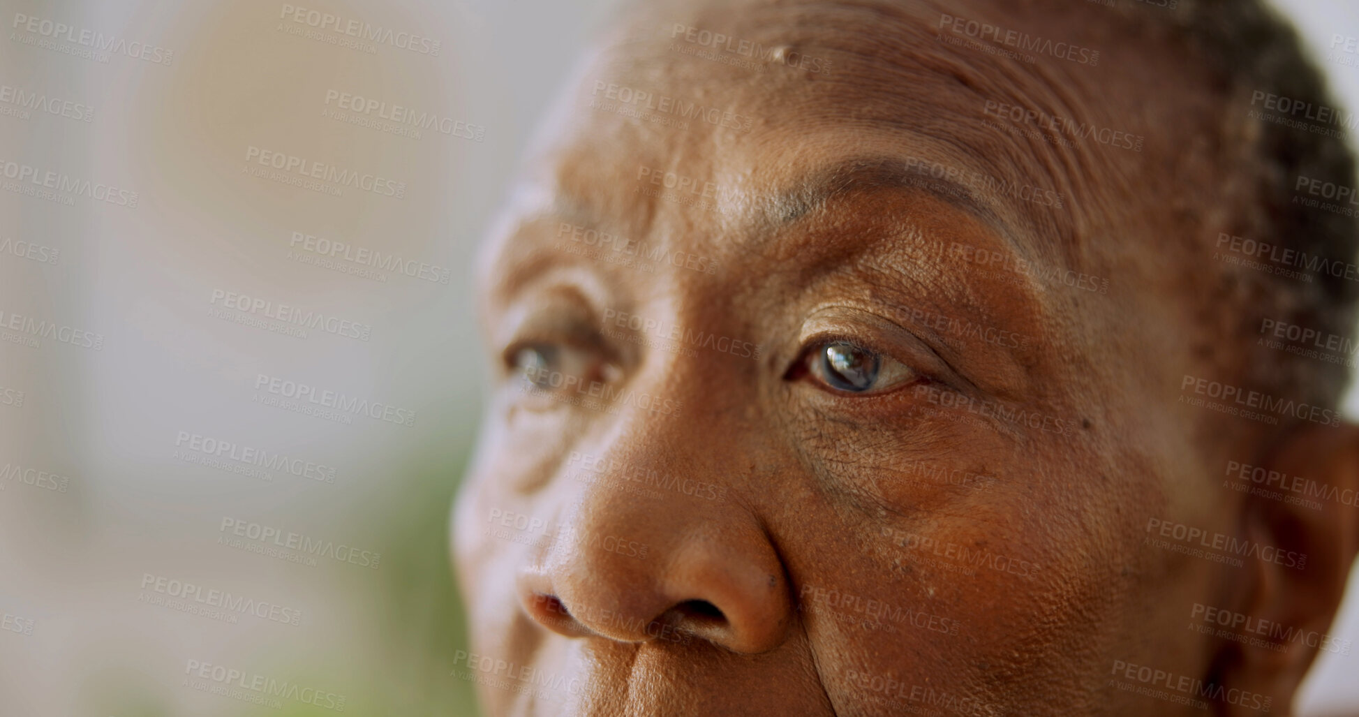 Buy stock photo Patient, thinking or old woman with eye exam for optometry assessment, optical health or appointment. Space, senior person and vision test in medical clinic for glaucoma, eyesight checkup or wellness