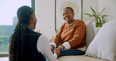 Buy stock photo Old woman, bonding and holding hands with caregiver in nursing home, comfort and gratitude for help. Assisted living, nurse and support for senior black person, healthcare and happy patient in lounge
